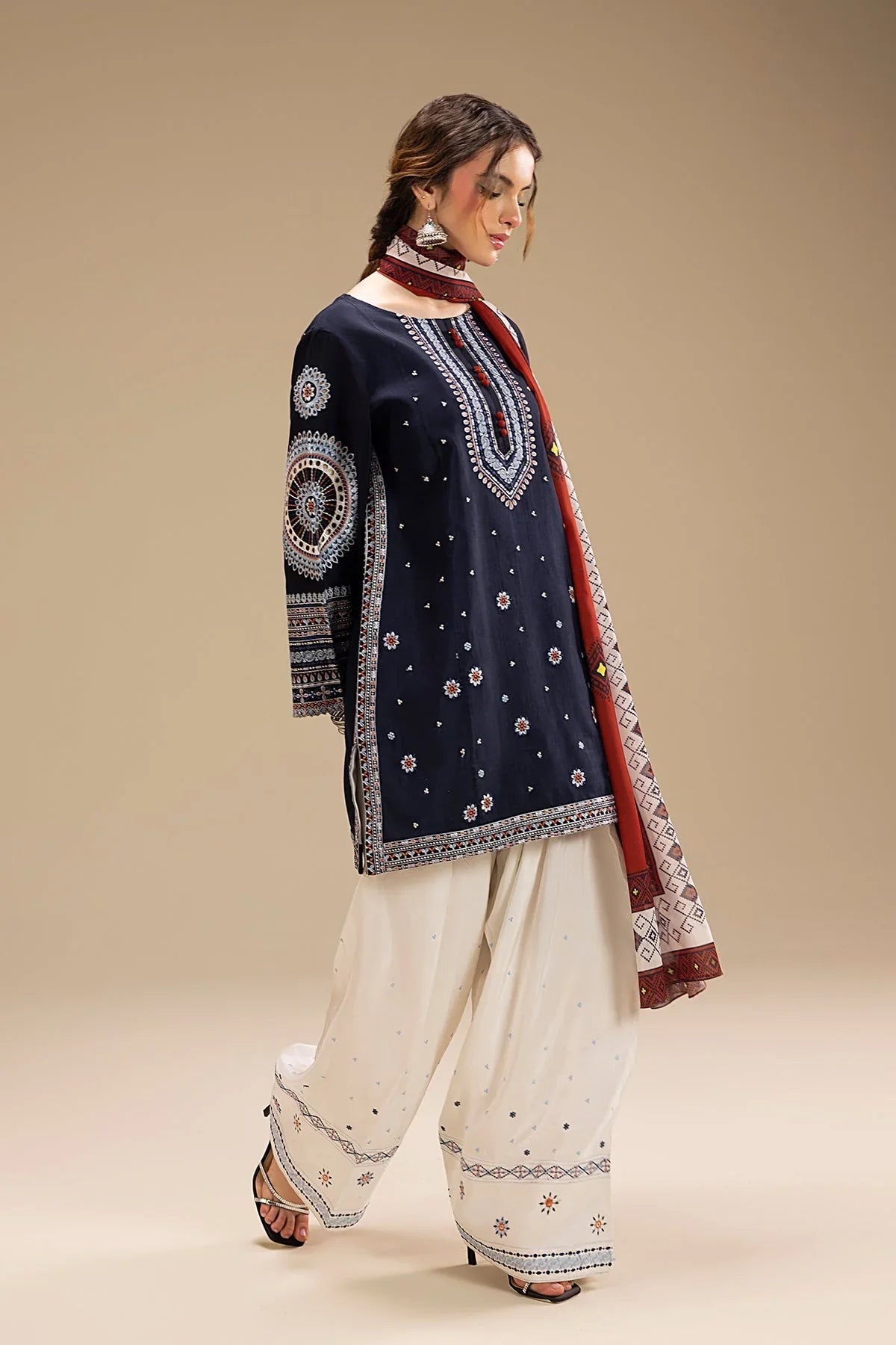 RR 610-3 Piece - 3 Piece Embroidered Dhanak Fabric with Printed Wool Shawl