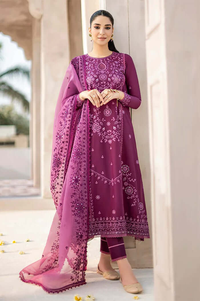 CS 84-3 Piece Unstitched Heavy Embroidered Lawn Suit ( Full Embroidered Organza Dupatta )