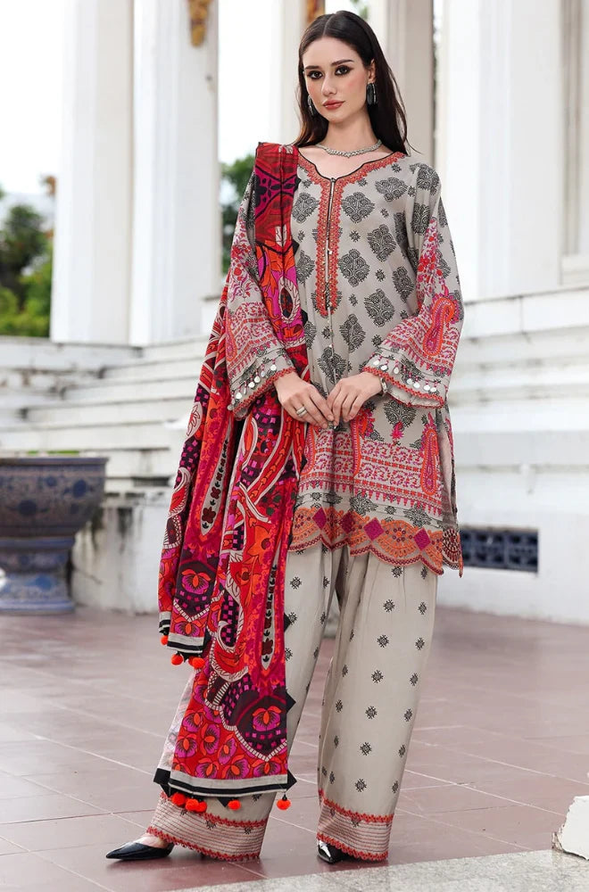 CH 75-3 Piece Unstitched Digital Printed Khaddar Fabric With Embroidered Laces