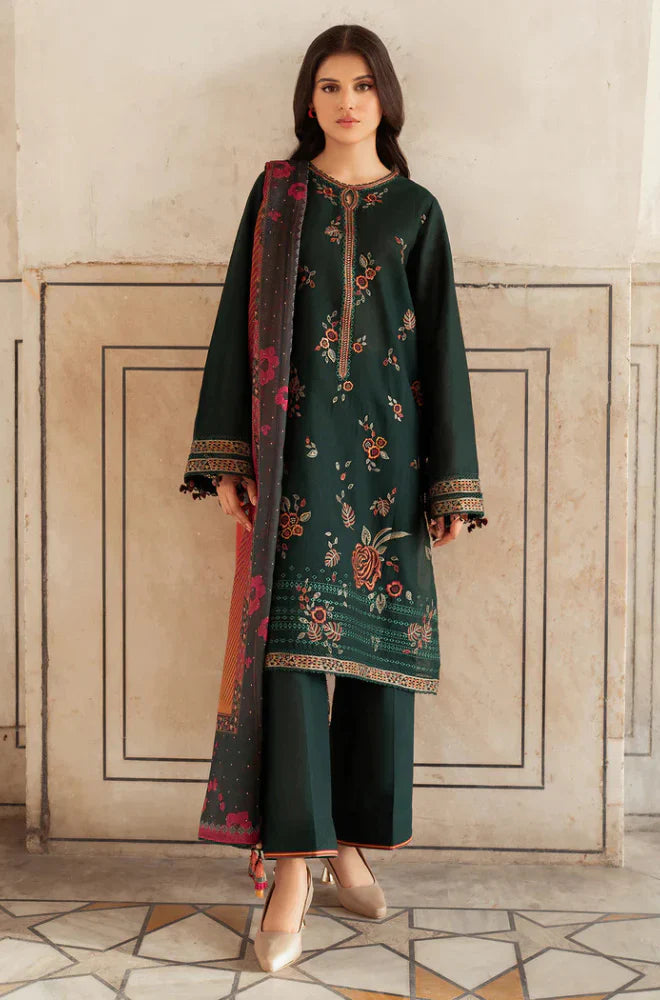 JZ 580-3 Piece Unstitched Embroidered Dhanak Fabric with Printed Wool Shawl