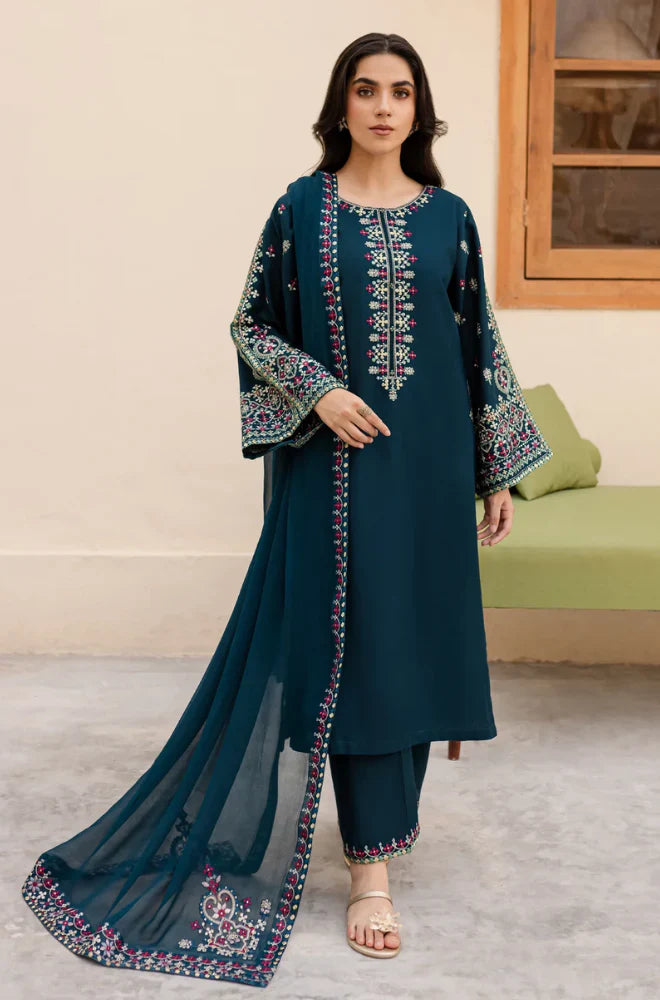 LM 585-3 Piece - Unstitched Dhanak Stuff Full Embroidered Suit With Full Embroidered Shawl