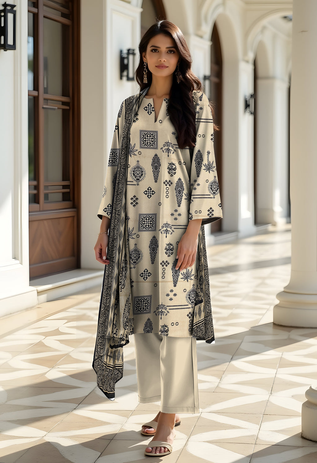 3 Pc Doria Linen Printed Unstitched Suit