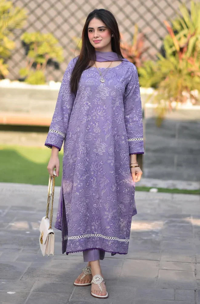 BR 2575-3 Pcs Embroidered Lawn Shirt with Embroidered Chiffon Dupatta