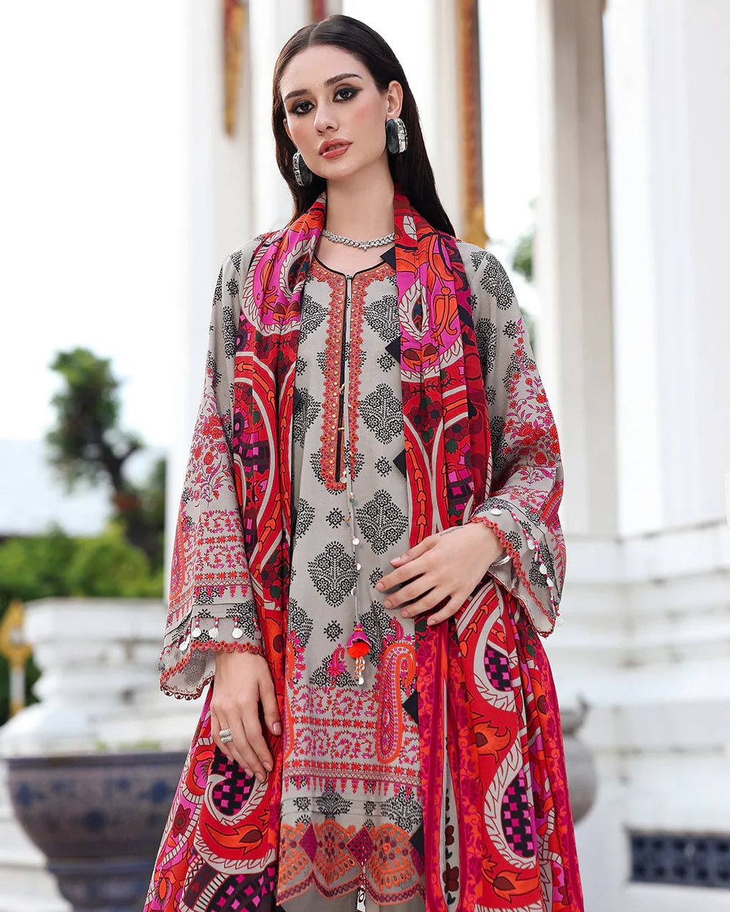 CH 75-3 Piece Unstitched Digital Printed Khaddar Fabric With Embroidered Laces