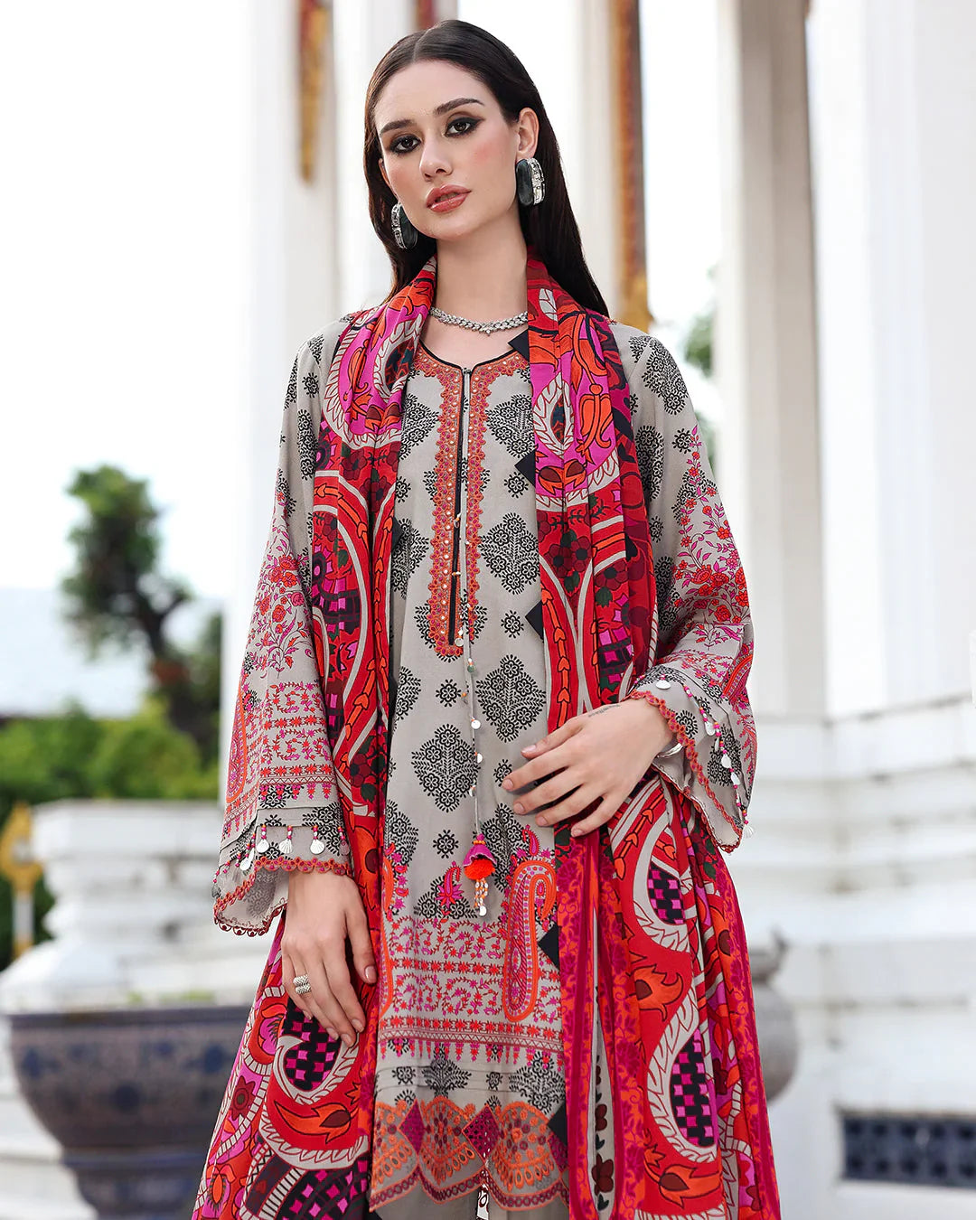 CH 75-3 Piece Unstitched Digital Printed Khaddar Fabric With Embroidered Laces