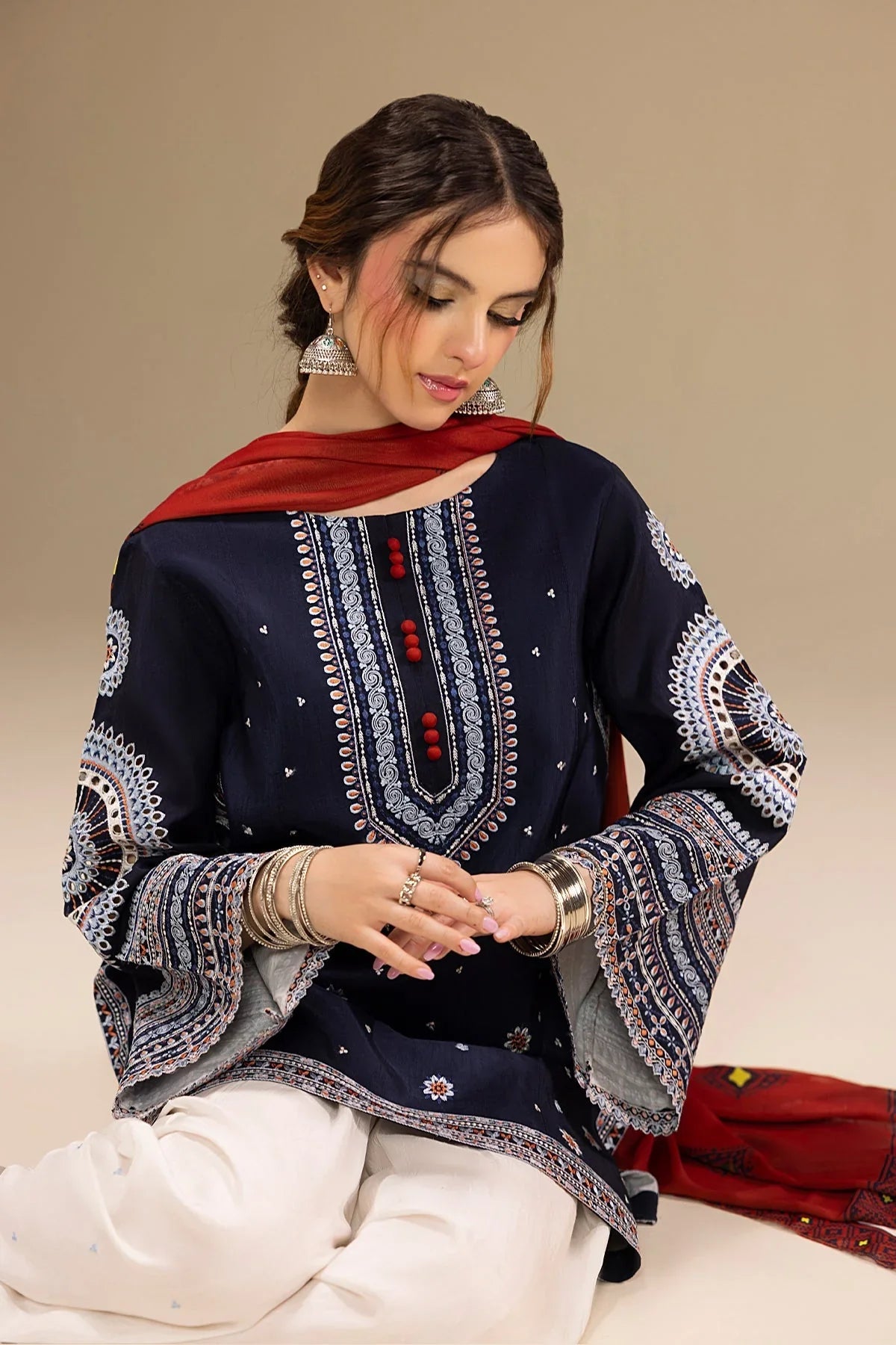RR 610-3 Piece - 3 Piece Embroidered Dhanak Fabric with Printed Wool Shawl
