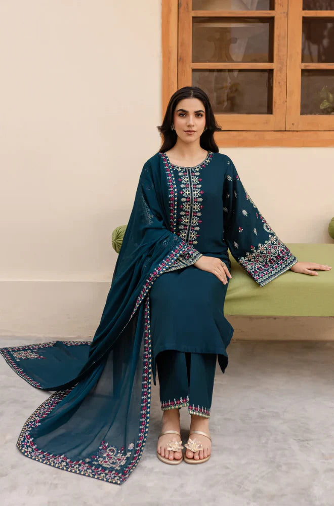 LM 585-3 Piece - Unstitched Dhanak Stuff Full Embroidered Suit With Full Embroidered Shawl