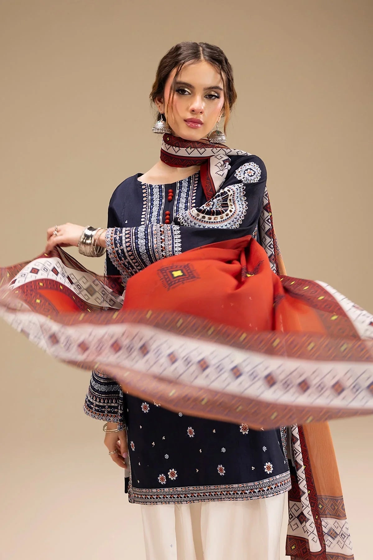 RR 610-3 Piece - 3 Piece Embroidered Dhanak Fabric with Printed Wool Shawl