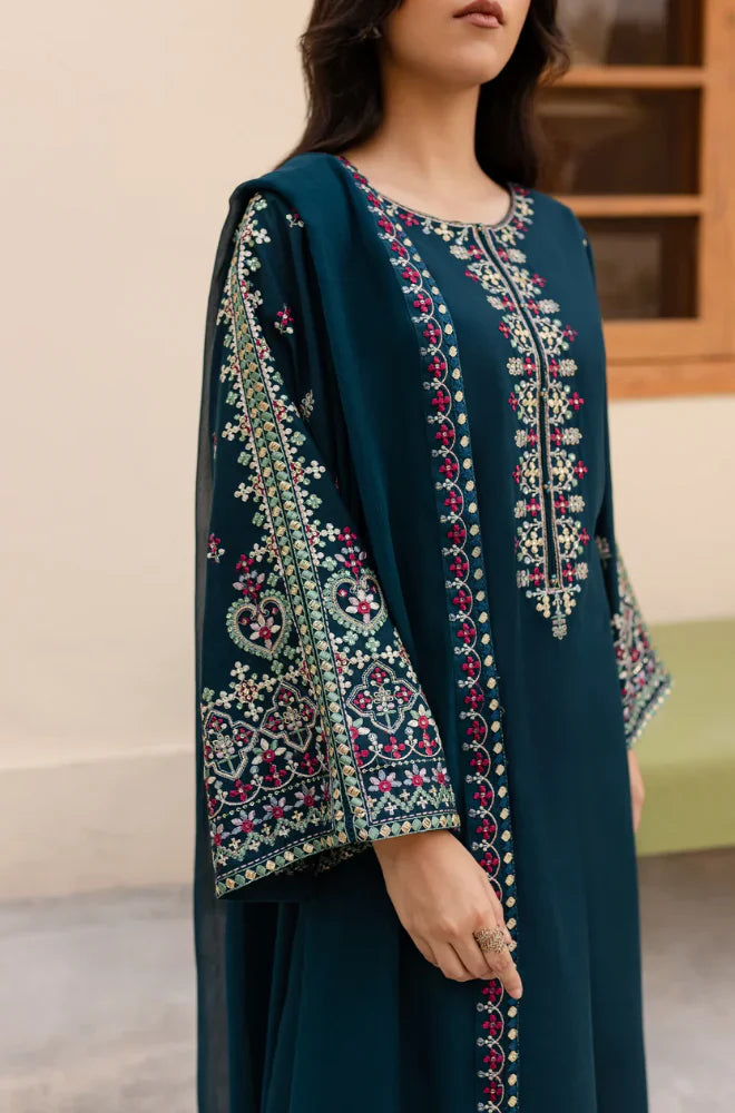 LM 585-3 Piece - Unstitched Dhanak Stuff Full Embroidered Suit With Full Embroidered Shawl