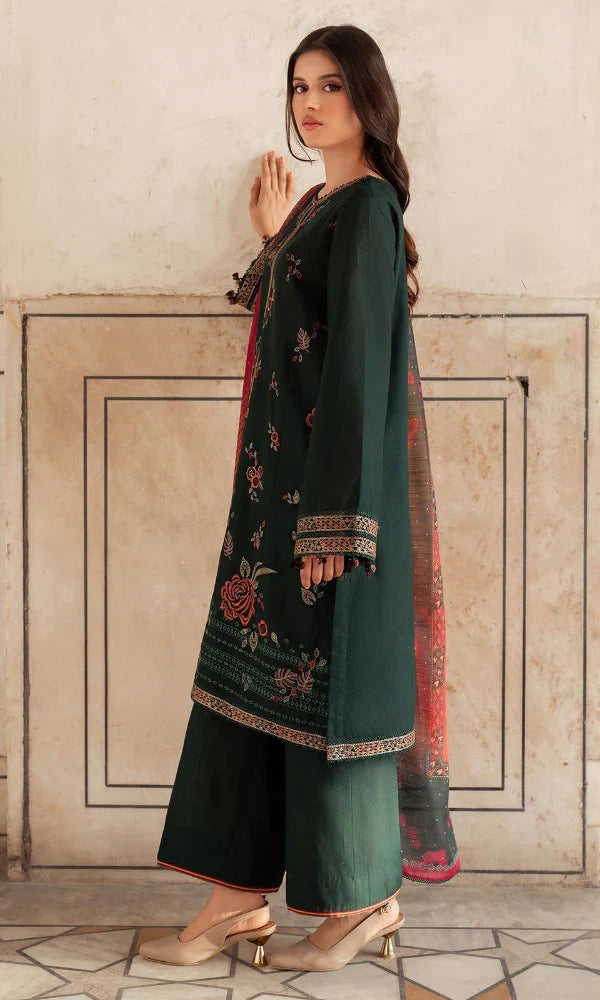 JZ 580-3 Piece Unstitched Embroidered Dhanak Fabric with Printed Wool Shawl