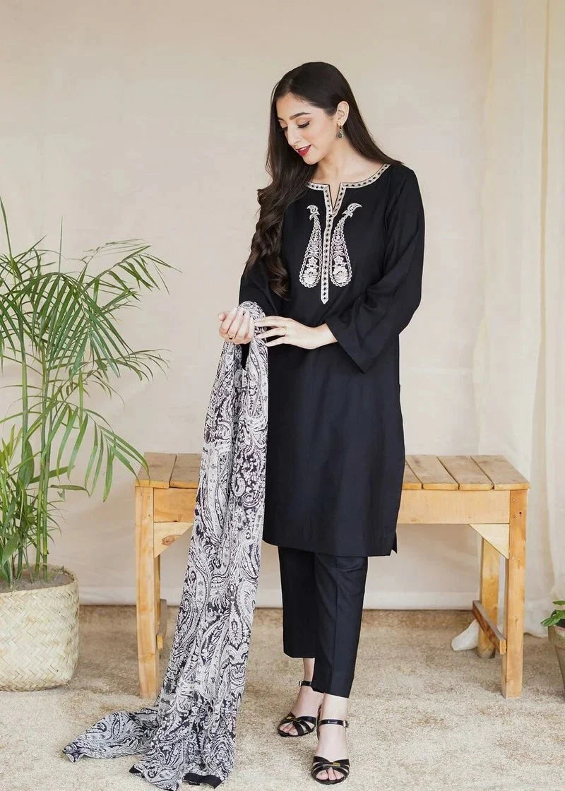 AS 20-3 Piece Embroidered Dhanak Shirt with Printed Wool Shawl