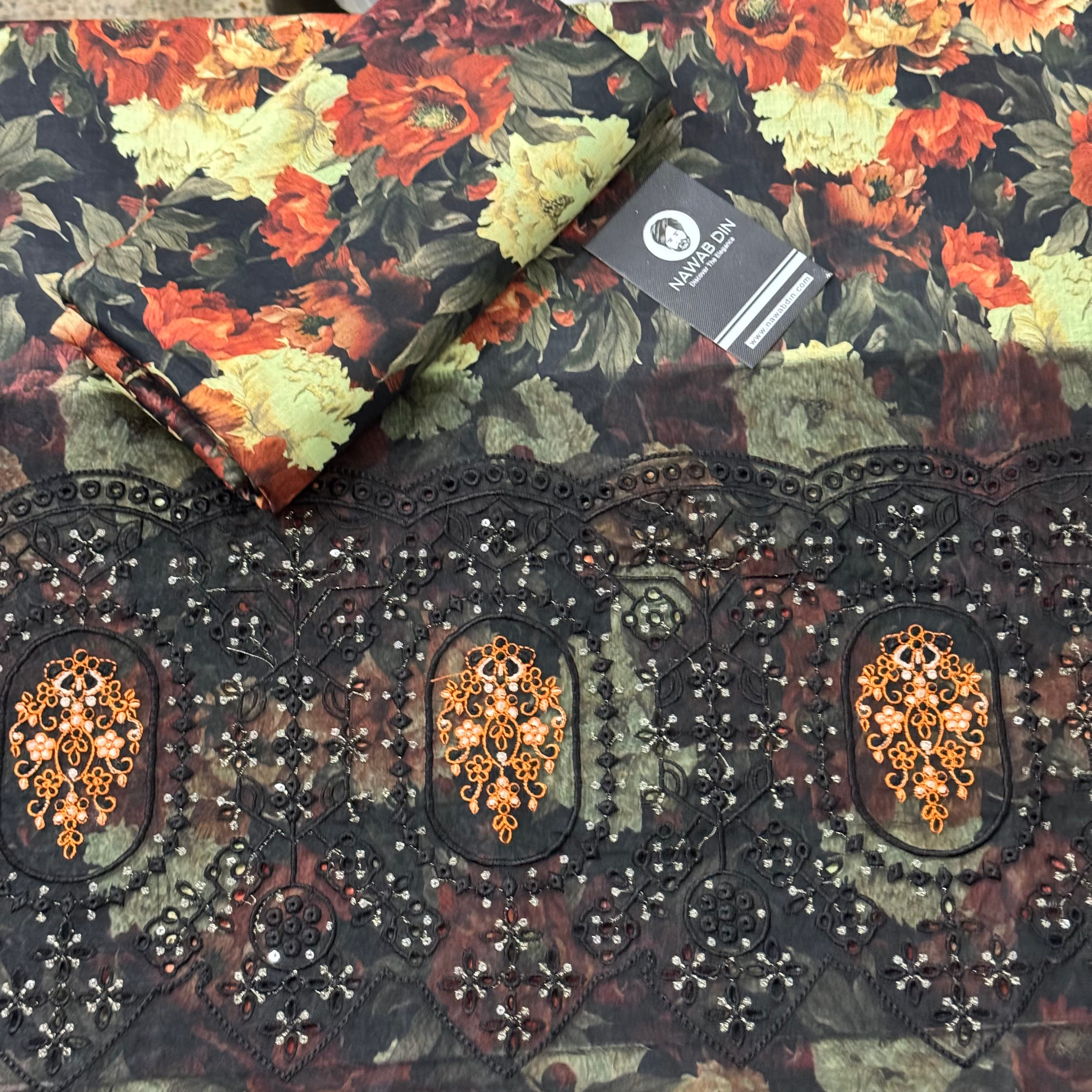 2 Pc Lawn All Over Print With Embroidered Patch - Nawab Din