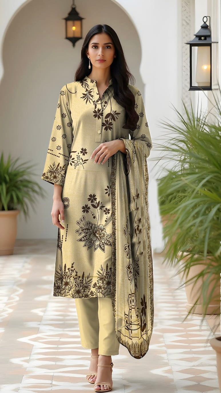 3 Pc Karandi Printed Unstitched Suit