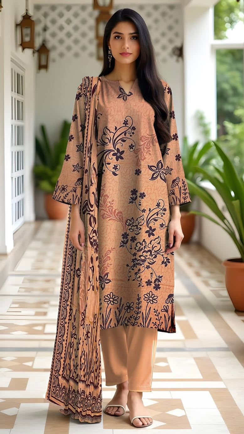 3 Pc Karandi Printed Unstitched Suit