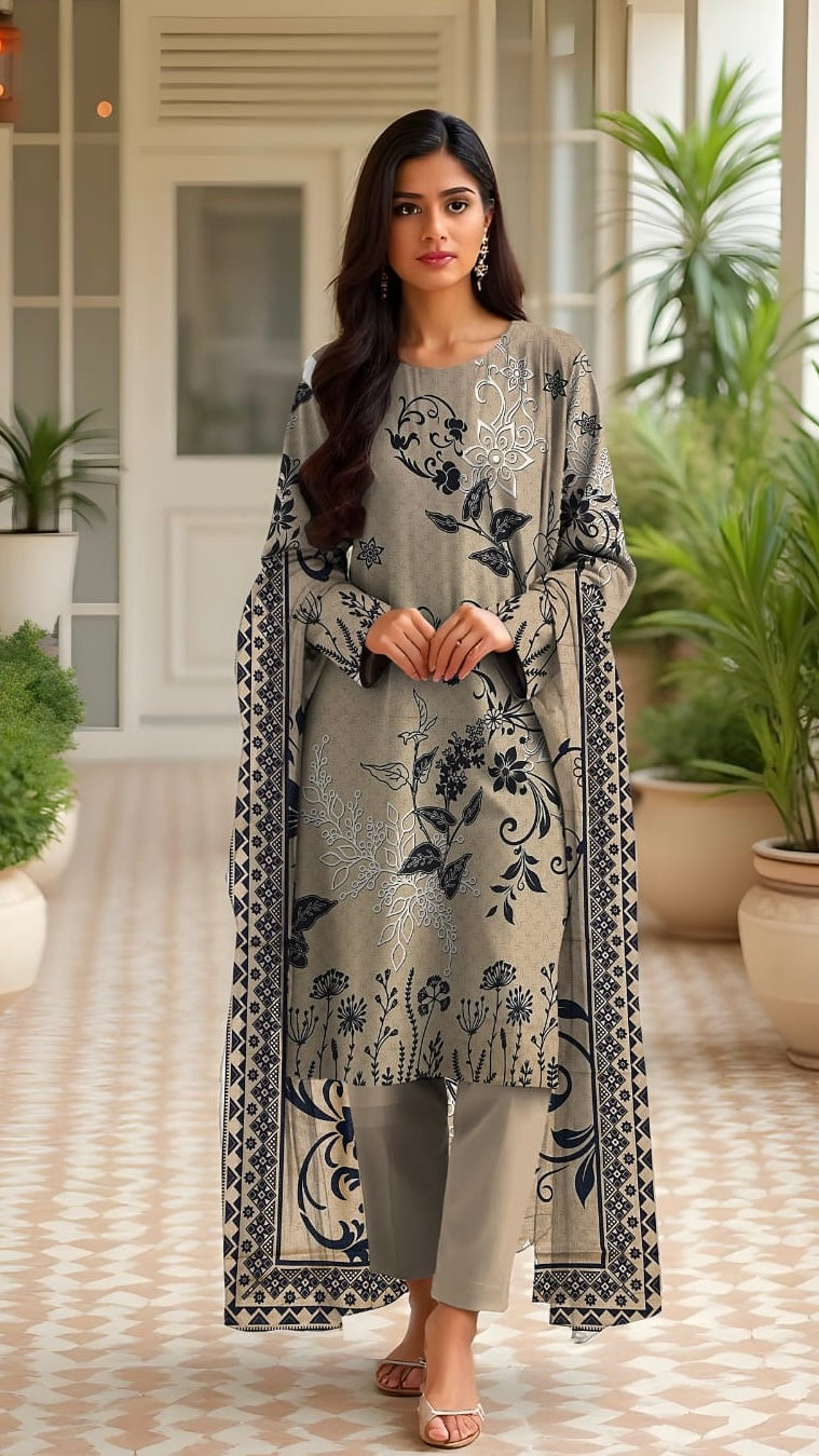 3 Pc Karandi Printed Unstitched Suit