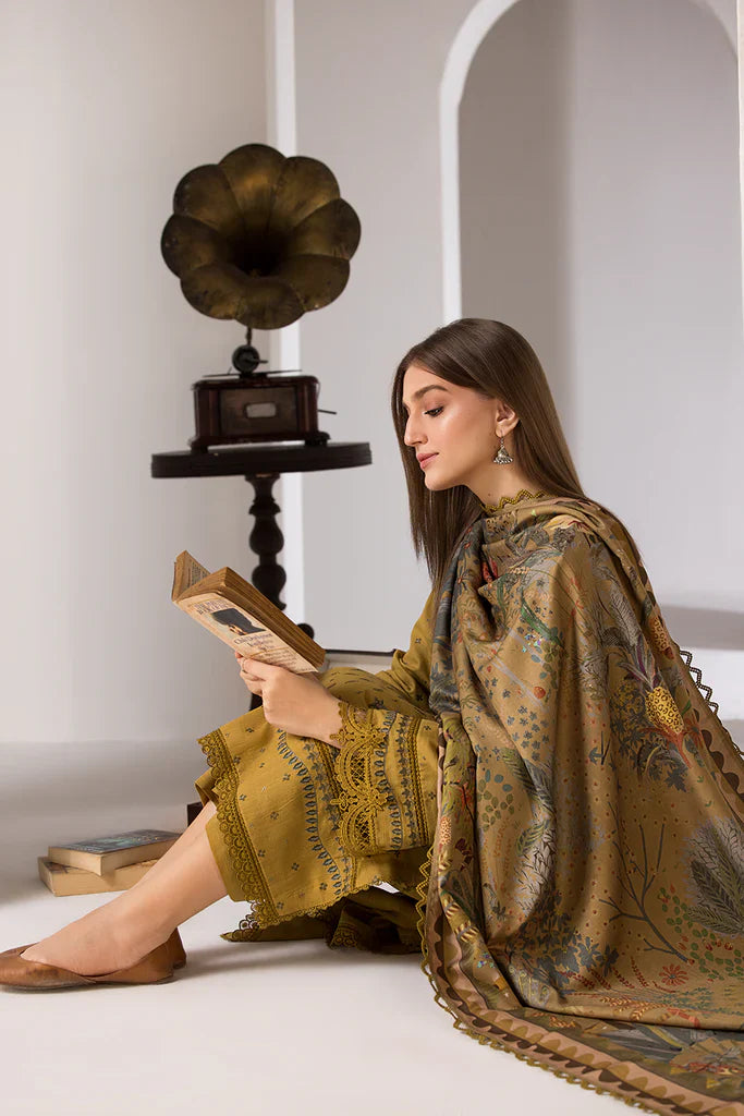 SN 59-3 Piece Embroidered Dhanak Shirt with Printed Wool Shawl