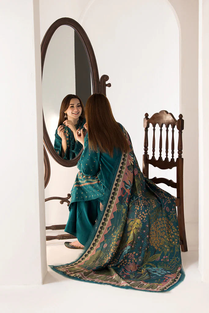SN 61-3 Piece Embroidered Dhanak Shirt with Printed Wool Shawl