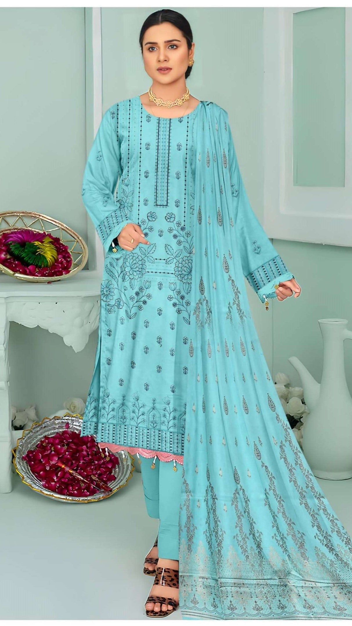 3 Piece Doria Lawn Embroidered Suit - Nawab Din