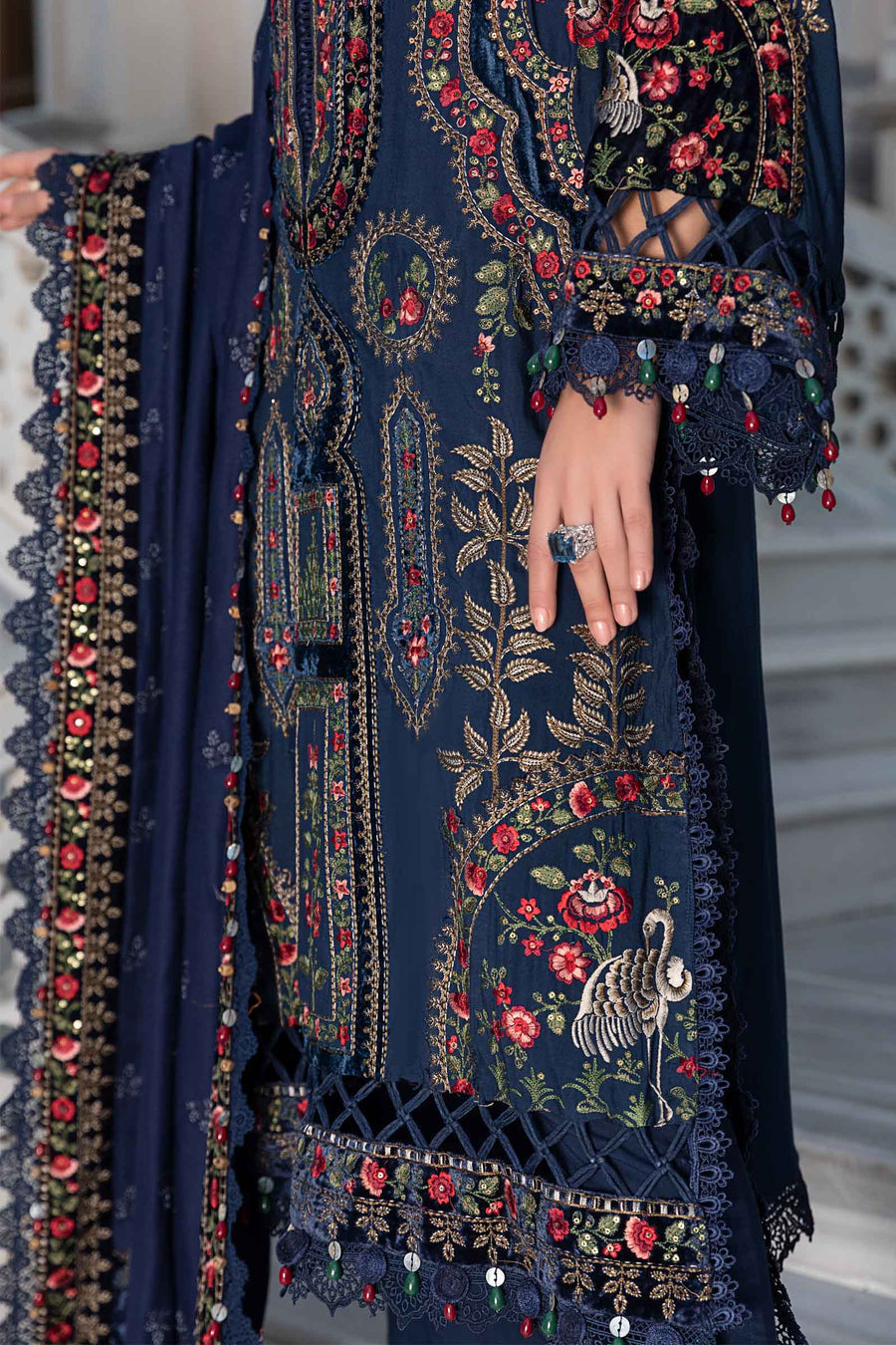 MB 965- 3 Piece Dhanak Embroidery Suit With Four Sides Embroidery Dhanak Shawl